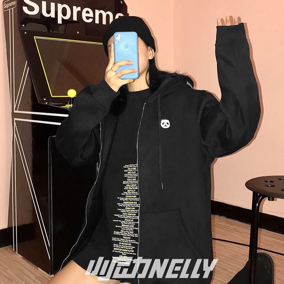 Áo hoodie zip NELLY unisex chất liệu nỉ lót bông freesize in hình gấu trúc