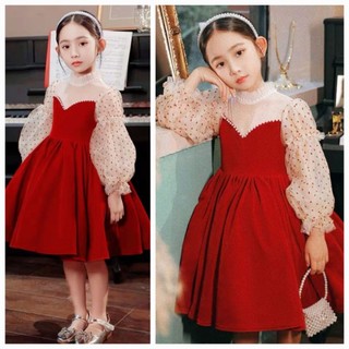 Váy nhung đỏ bé gái size đại 20-35kg cổ bèo tay phối ren mềm