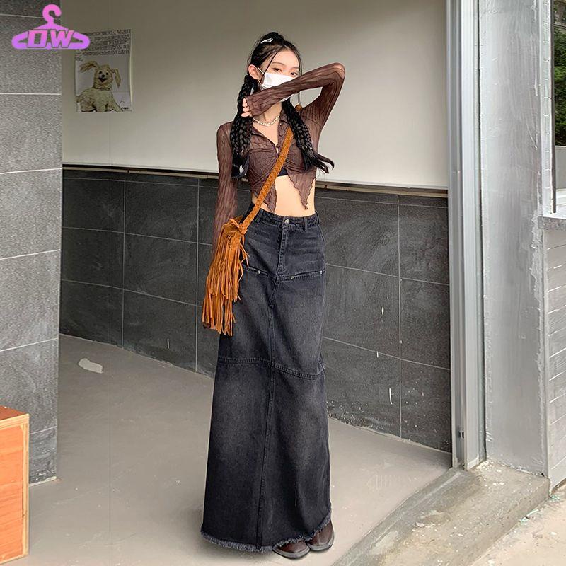 🎀chân váy dài chân váy jean dài Chân Váy Đuôi Cá Dài Màu Đen / Xám Phong Cách Âu Mỹ Thời Trang Mùa Thu 2022