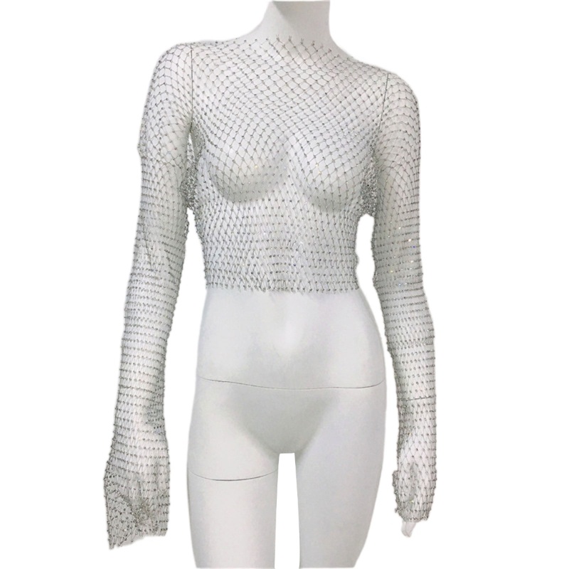 Xiangbao Áo Thun Croptop Tay Loe Đính Đá Cho Nữ