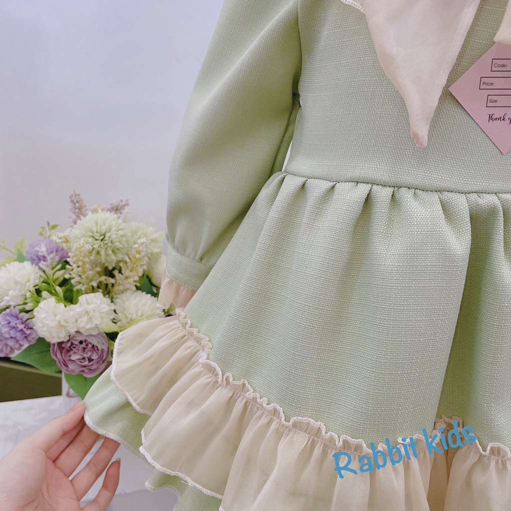 Đầm Dài Tay Cho Bé Gái 1,2,3,4 Tuổi💝FREESHIP💝 Rabbit Kids-Váy Dạ Tweed Xanh Nơ Cổ Lụa Tơ Bóng Dài Tay Trẻ Em 5-18kg