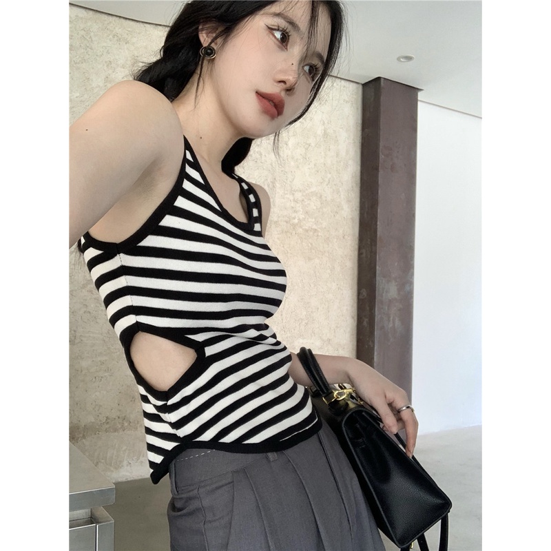 HUANG YOYO Áo Croptop Dệt Kim Sát Nách Cổ Chữ U Họa Tiết Kẻ Sọc Thời Trang Hàn Quốc 2023 Cho Nữ