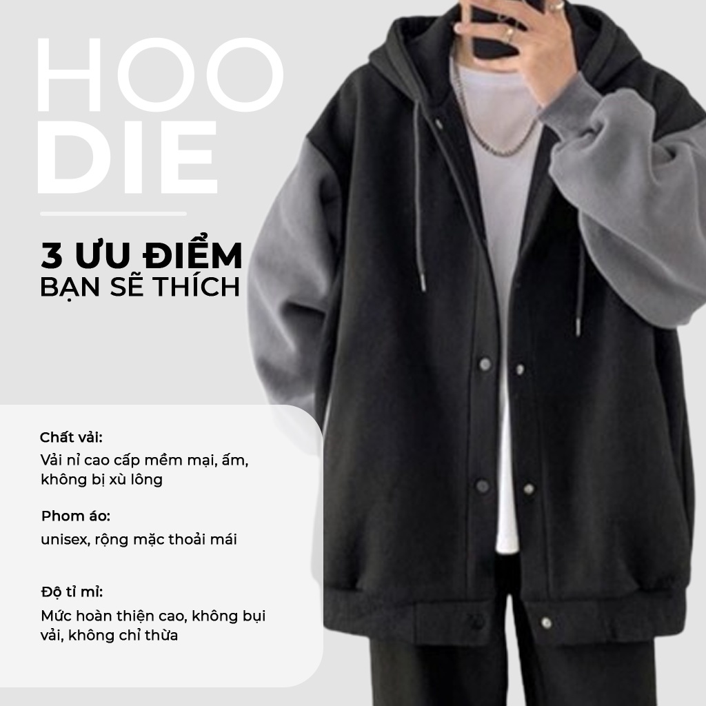 Áo Khoác Nỉ Bông Nam, Nữ Basic Unisex Nỉ From Rộng Màu Đen Xám HDBN750 Unichic