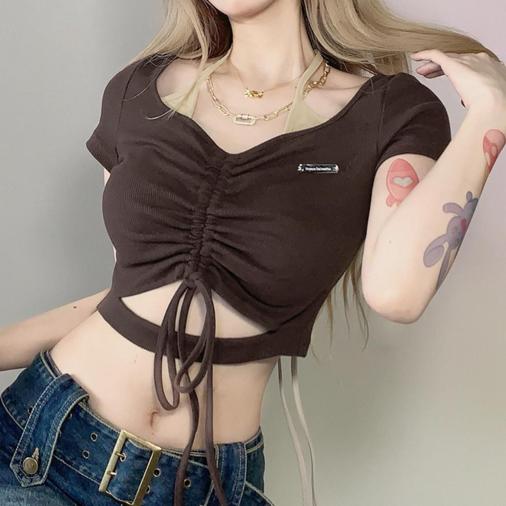 Áo croptop rút dây trước ngực cổ giả yếm GenY, áo kiểu nữ ôm body khoét eo cực quyến rũ có bigsize -C13-