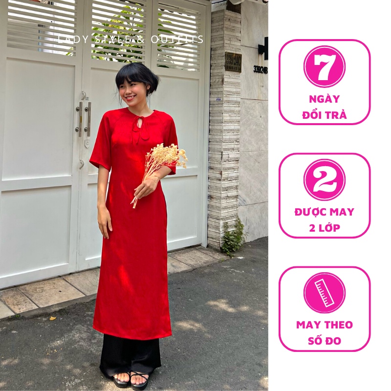 Áo Dài Gấm Đỏ Tay Ngắn LADY STYLE & OUTFITS