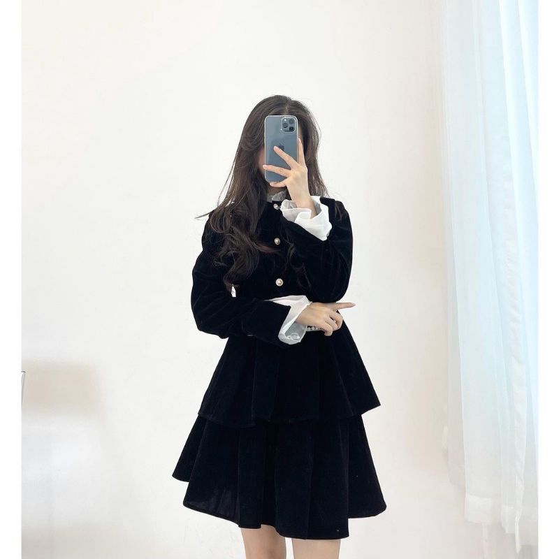 Set đồ nữ nhung đen áo sơ mi dài tay phối viền ren kèm chân váy xòe có lót trong ulzzang Hàn Quốc #309