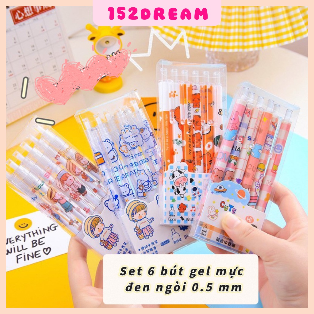 Set 6 bút gel mực đen ngòi 0.5 mm hoạ tiết hoạt hình dễ thương