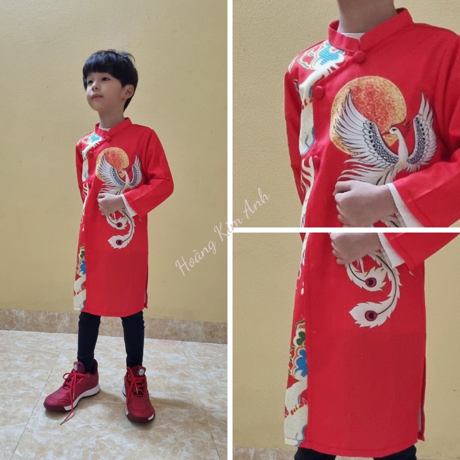 ÁO DÀI CÁCH TÂN BÉ TRAI, TRẺ EM IN HÌNH CHIM PHƯỢNG CÁCH ĐIỆU MÀU ĐỎ, ÁO DÀI TRẺ CON TRUYỀN THỐNG ĐẸP MẶC TẾT