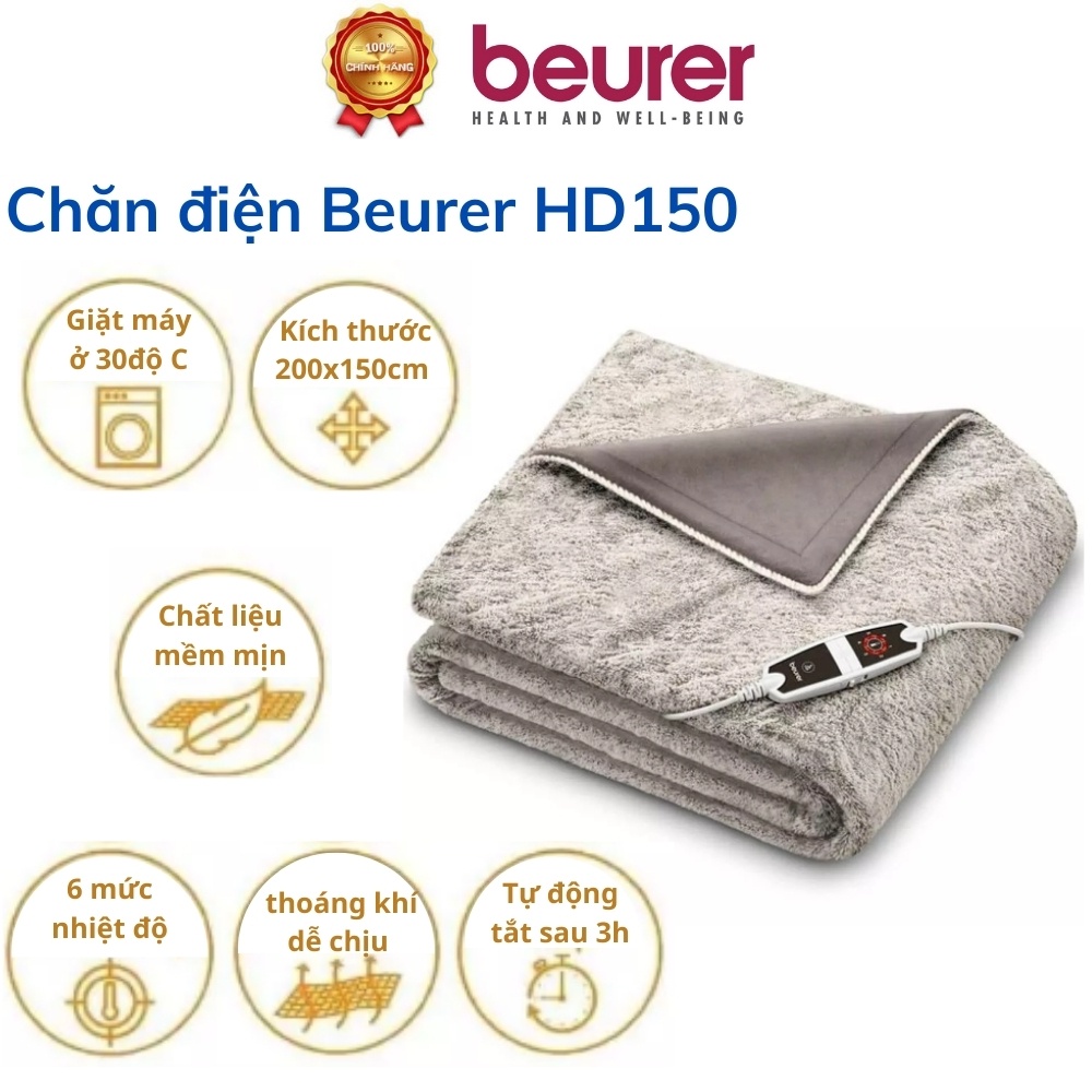 Chăn điện sưởi ấm Beurer HD150. Chăn sưởi điện tự động ngắt, giặt được, chất liệu cao cấp, 6 mức nhiệt, điều khiển