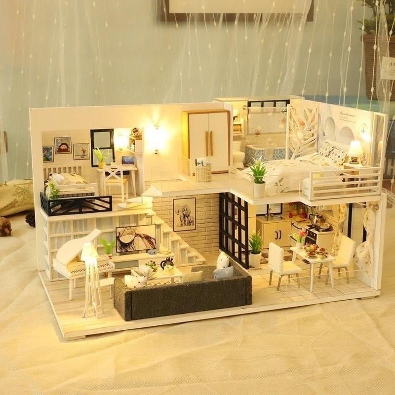 (Tặng keo sữa,đèn)Mô hình nhà búp bê đô chơi bé tự lắp ráp diy doll house bằng gỗ tiệm hoa M021