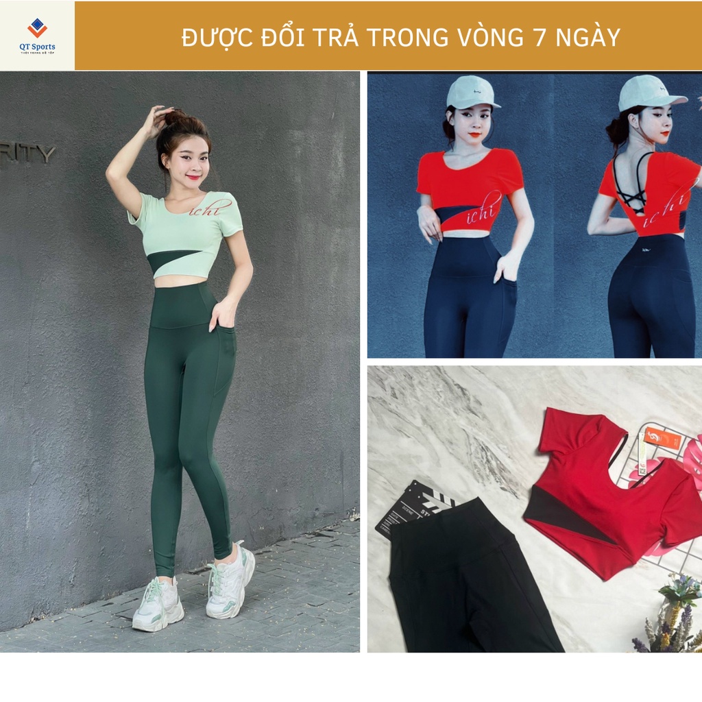Đồ tập thể thao gym yoga nữ, set bộ áo crop ngắn tay kèm mút quần dài cao cấp