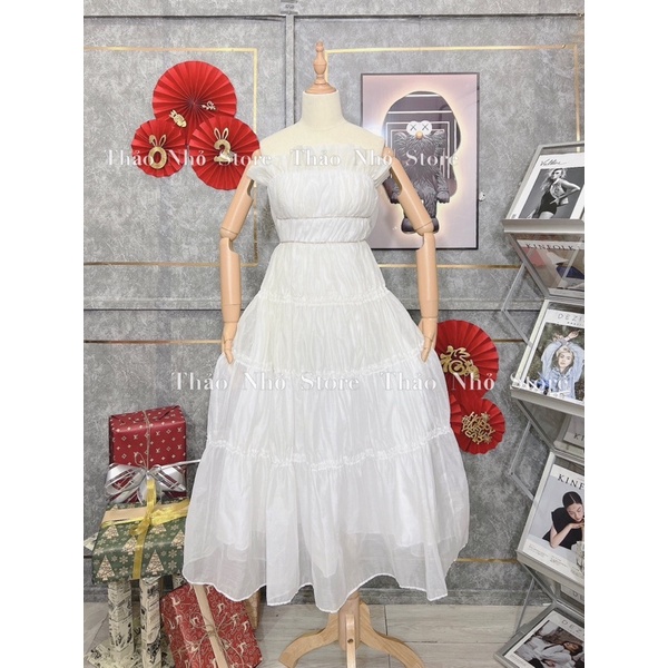 váy NDLN trắng xoè dài cúp ngực ( hình thật shop Thảo Nhỏ Store chụp )