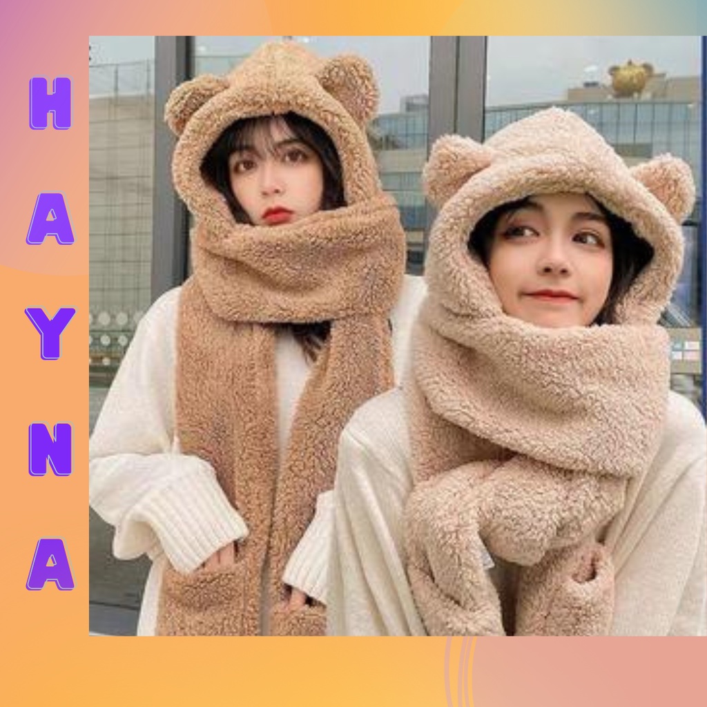 Mũ kèm khăn và bao tay, ba trong một vừa ấm vừa thời trang, phong cách Hàn Quốc, Hayna Hats M150