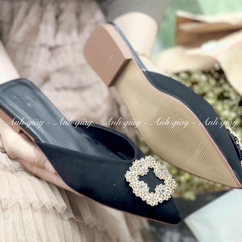 DL92 - Dép Sục bệt mũi nhọn da lộn nơ đá vuông ánh xanh kiểu dáng trẻ trung, chất da lộn mềm phúc hợp đi chơi , du lịch