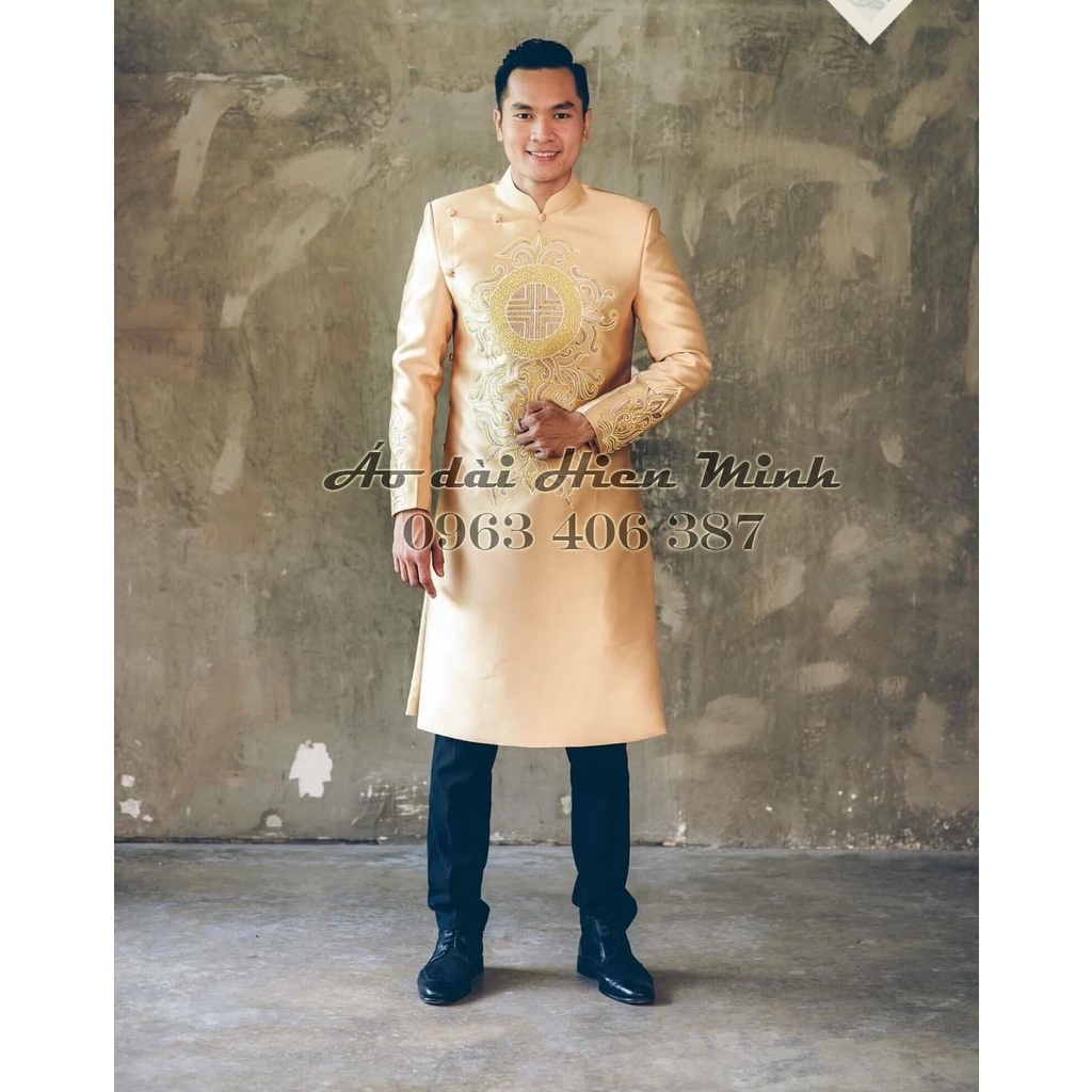 Áo dài nam cách tân 2023 màu vàng sang trọng, nam tính
