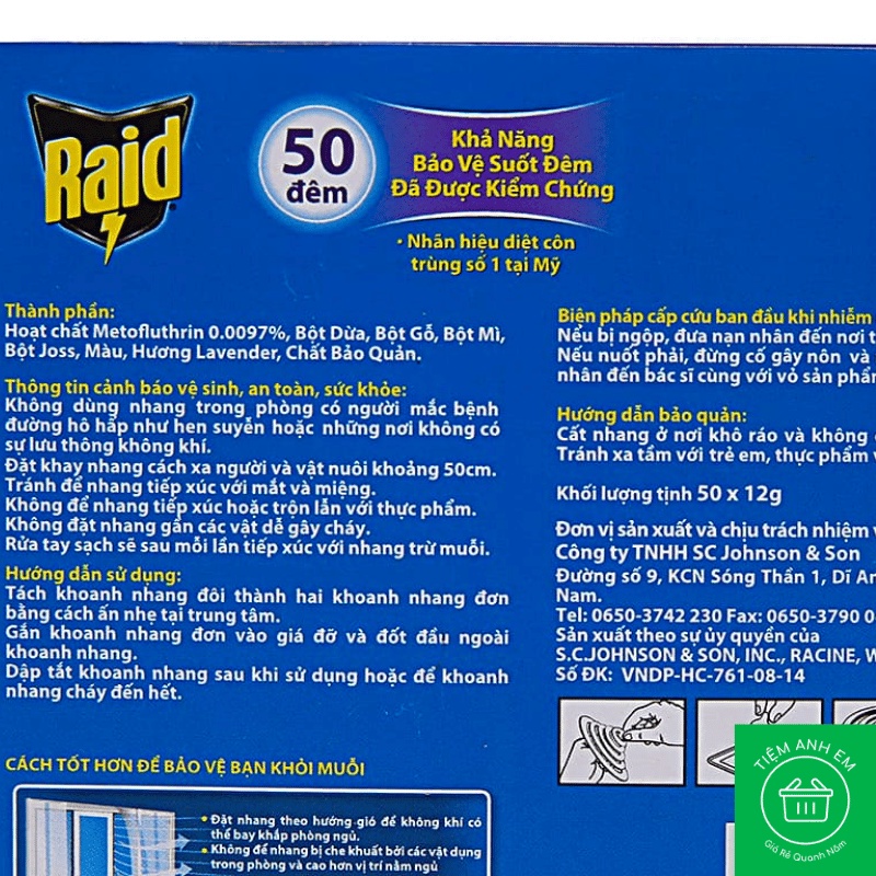 Hộp 50 khoanh nhang muỗi Raid hương lavender 600g