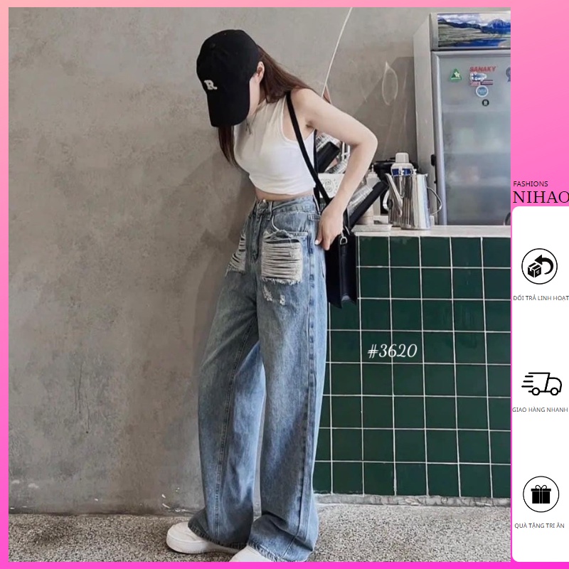 Quần Jean Nữ Rách Nihao Chất Jean Cao Cấp Mềm Mại Không Giãn , Quần Jean Lưng Cao Ống Rộng Mẫu Hot 2023 Cực Cá Tính 3620
