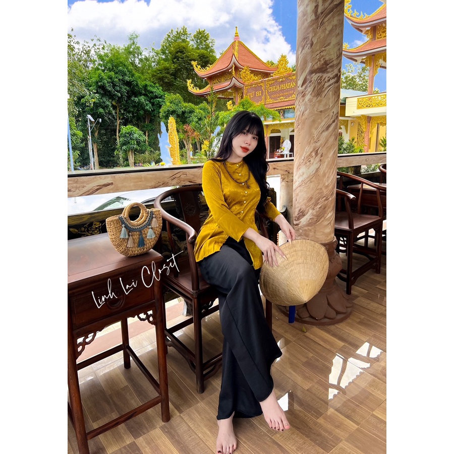 Bộ lam bà ba tay lỡ nút ngọc quần ống suông