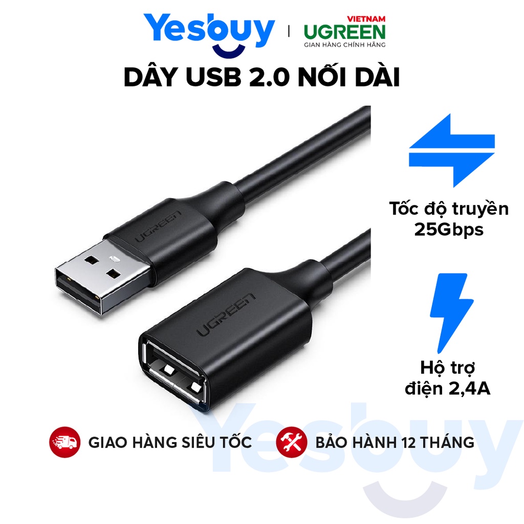 Dây USB 2.0 nối dài dùng cho PC, Laptop, Macbook dài 0.5-5m UGREEN US103 - Hàng Chính Hãng - Bảo Hành 18 Tháng