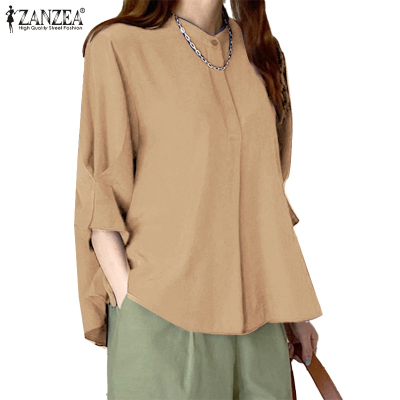 Áo cánh ZANZEA cổ thuyền tay 3 / 4 dáng rộng cài nút đa năng cho nữ