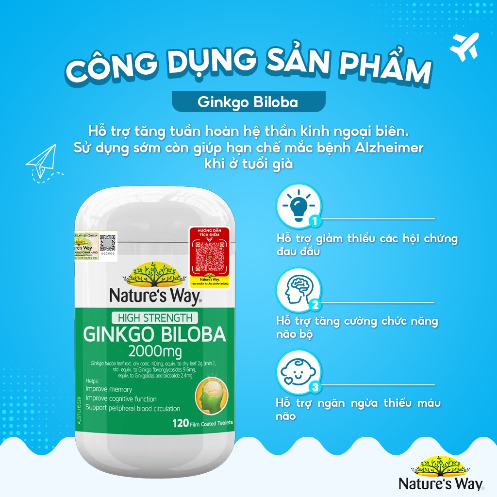 Viên Uống Tuần Hoàn Não Nature's Way High Strength Ginkgo Biloba Tăng Cường Trí Nhớ 2000mg