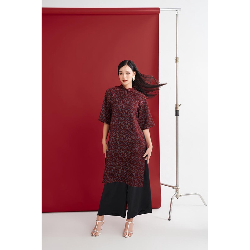 Áo dài vải tapta thiết kế cao cấp ngọc minh đan (không gồm quần) GAGO màu đỏ hoạt tiết in hoa GG4203