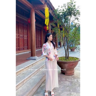 Bộ Đi Lễ Chùa Lụa Trắng Hoa Lan Ánh Kim