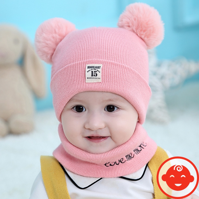 Mũ len 2 quả bông KÈM KHĂN cho bé
