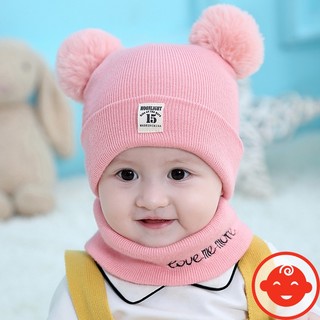 Mũ len 2 quả bông KÈM KHĂN cho bé M36