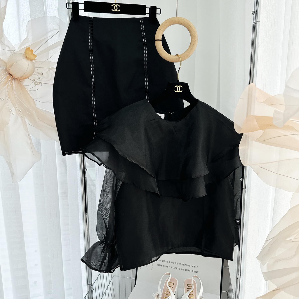 SET Áo voan tơ cổ bèo tầng tay phồng kèm Chân váy lót ren trắng/đen NÀNG CLOSET