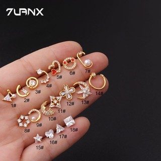 Khuyên tai helix pinna 7UANX hình trái tim ngôi sao mặt trăng bằng thép không gỉ đính đá zircon Hàn Quốc mới 20G