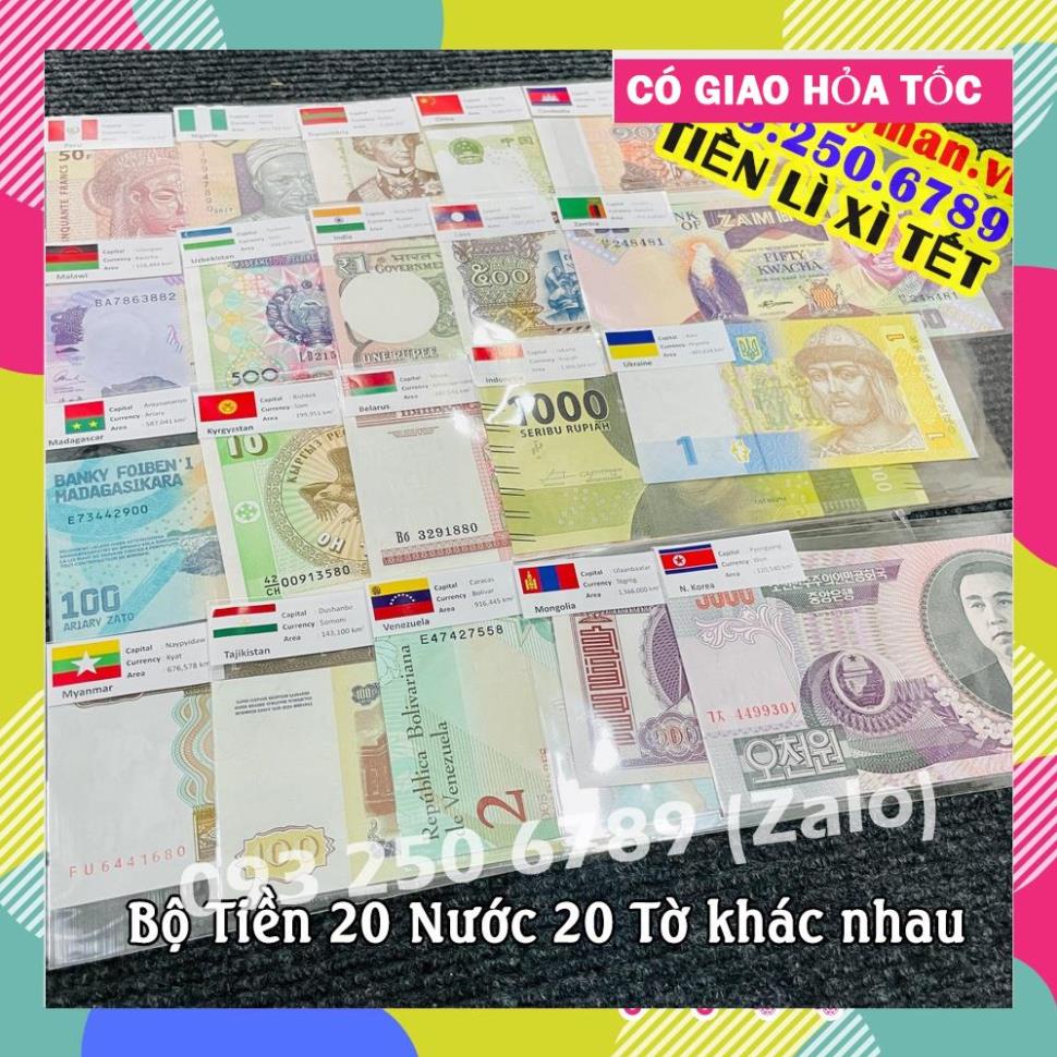 VIP Bộ Tiền Kỉ Niệm Sưu Tầm 20 Quốc Gia - Nước Khác Nhau , tặng kèm bao lì xì cao cấp Lucky