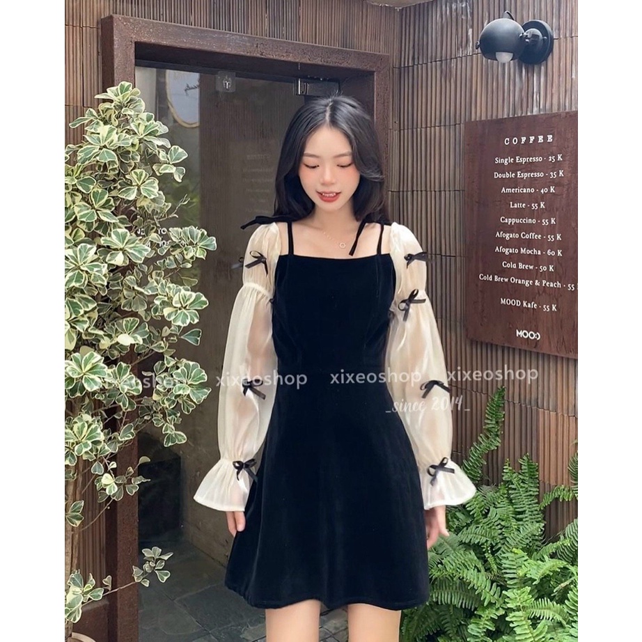 Đầm Nhung Cổ Vuông Tay Dài Đính Nơ Siêu Cute