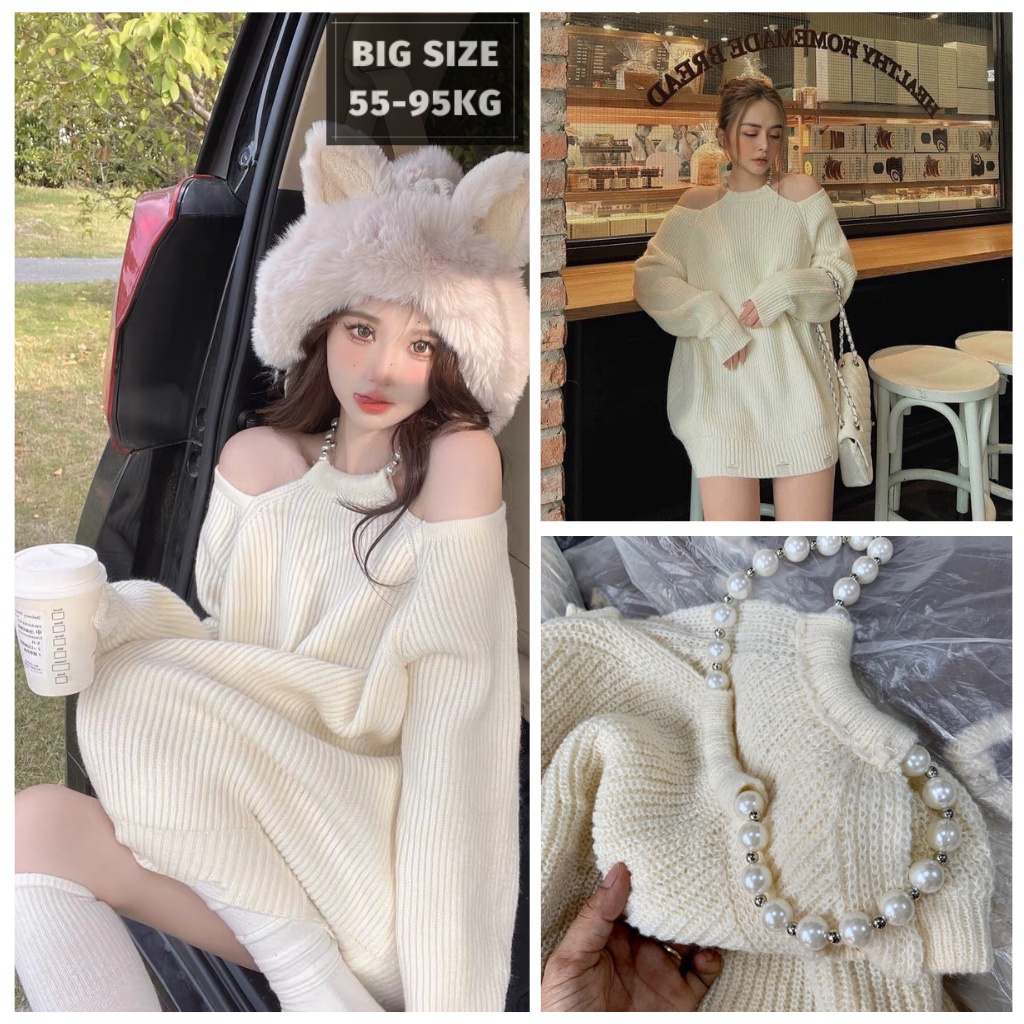 (Bigsize) Áo Len Cổ Ngọc Sang Chảnh From Rộng Chùm Mông, Áo Len Bigsize Màu Trắng - Hàng Quảng Châu Loại 1 (Có Ảnh Thật)