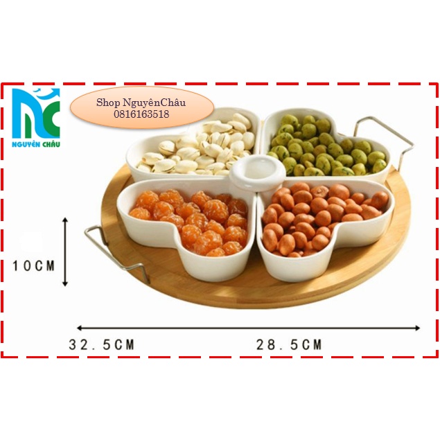 KHAY ĐỰNG MỨT BÁNH KẸO BẰNG SỨ HÌNH 4 TRÁI TIM COMBO CÓ NẮP NHỰA VÀ ĐẾ GỖ TRE TẾT 2023_Shop NguyênChâu