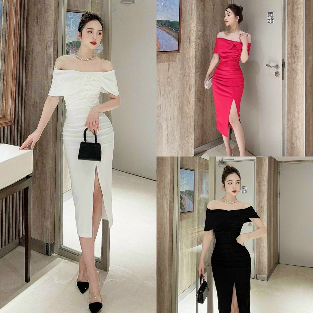 Đầm váy nữ ôm body trễ vai 3 màu sang chảnh họa tiết sẻ chân váy quý phái dự tiệc ( có mút ngực ) sang trọng dạo phố