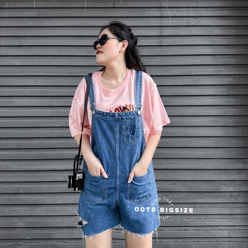 Quần yếm short jean bigsize nữ rách lai tua (OOTD BIGSIZE 60-90KG)