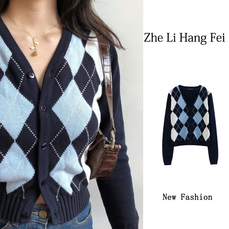 Áo khoác cardigan ZHELIHANGFEI dệt kim tay dài cổ chữ v lưng cao phong cách retro Mỹ