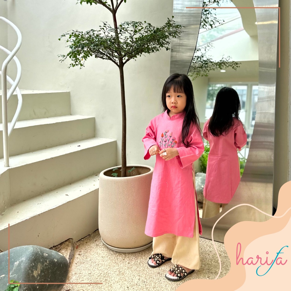 BADT010 Áo dài bé gái - màu hồng - chất liệu linen thêu tay - họa tiết cánh hoa - 1-6 tuổi