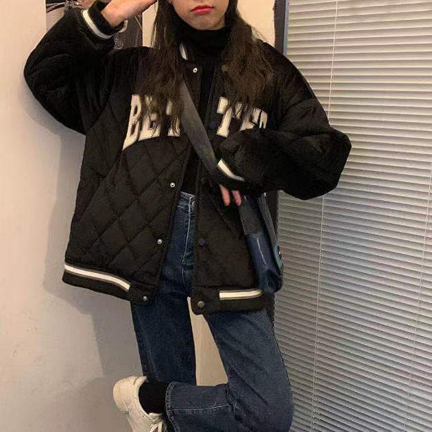 Áo Khoác Bóng Chày Dáng Rộng Vải Cotton In Chữ Thời Trang Hàn Quốc Cá Tính Cho Nữ