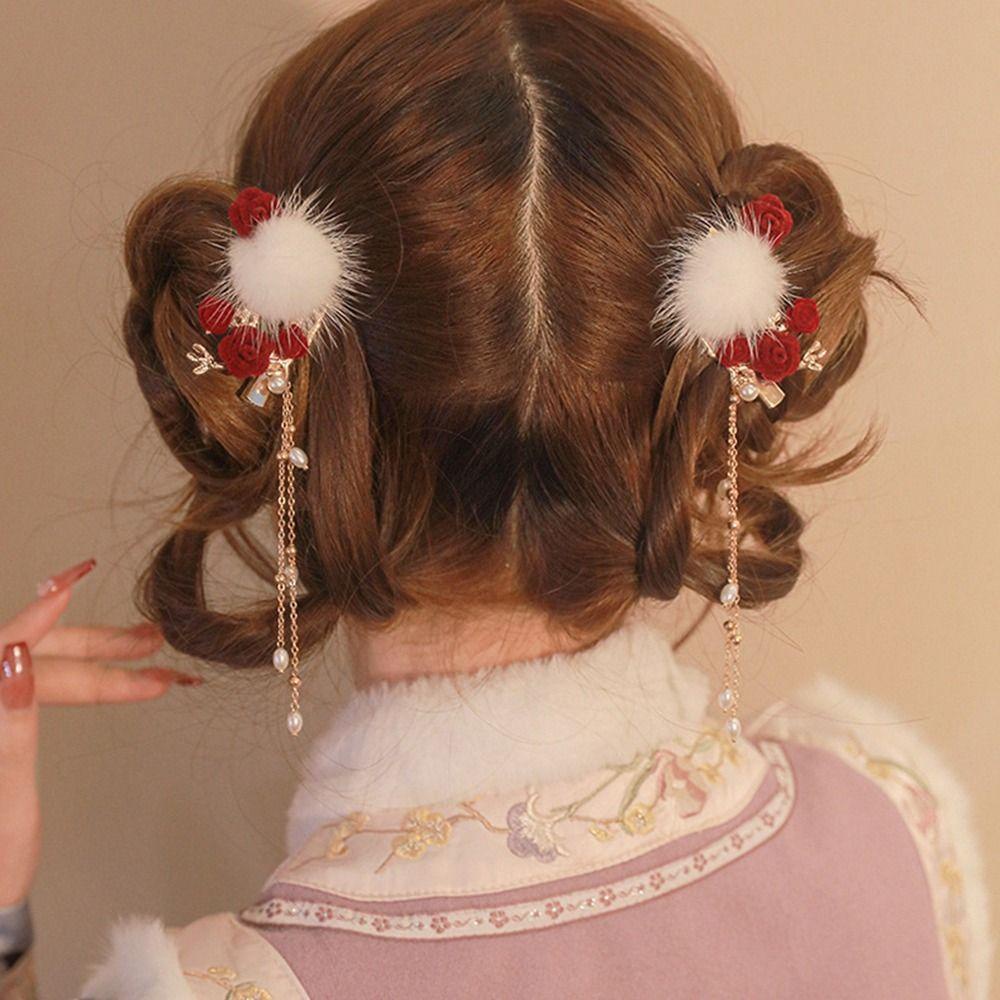 Trâm Cài Tóc Hình Hoa Hồng Phối Tua Rua Phong Cách Cổ Điển Mừng Năm Mới Cho Nữ