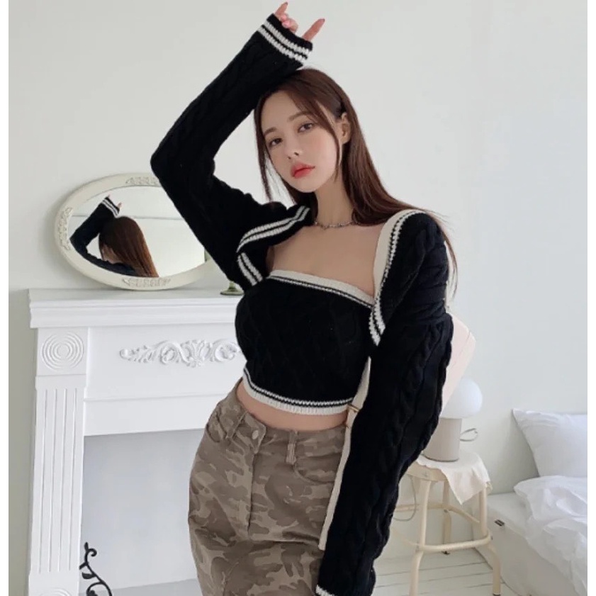 Set Áo Len Ống Vân Caro Viền Tương Phản Phối Khoác LSEOUL L0145 Chất Dày Dặn Nữ Tính