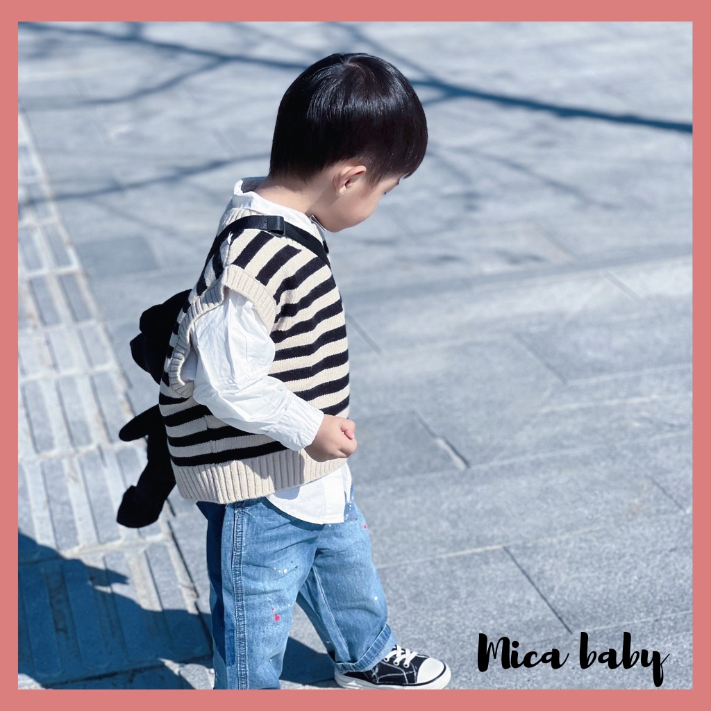 Áo gile len cổ tròn cộc tay kẻ sọc phong cách Hàn Quốc đáng yêu cho bé QA61 Mica baby