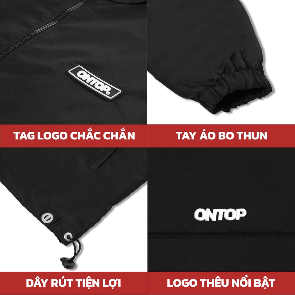 Áo khoác dù local brand nam nữ 2 lớp màu đen, có nón ONTOP Rubber Tag Jacket O15-AK5