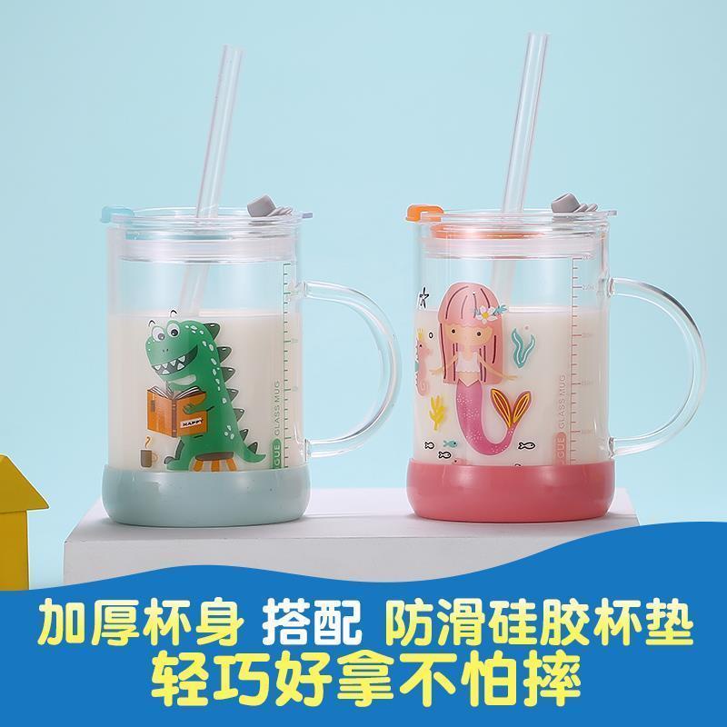 Cốc Uống Sữa Bằng Thủy Tinh Có Tay Cầm Và Ống Hút Chống Sốc Dễ Thương Cho Bé