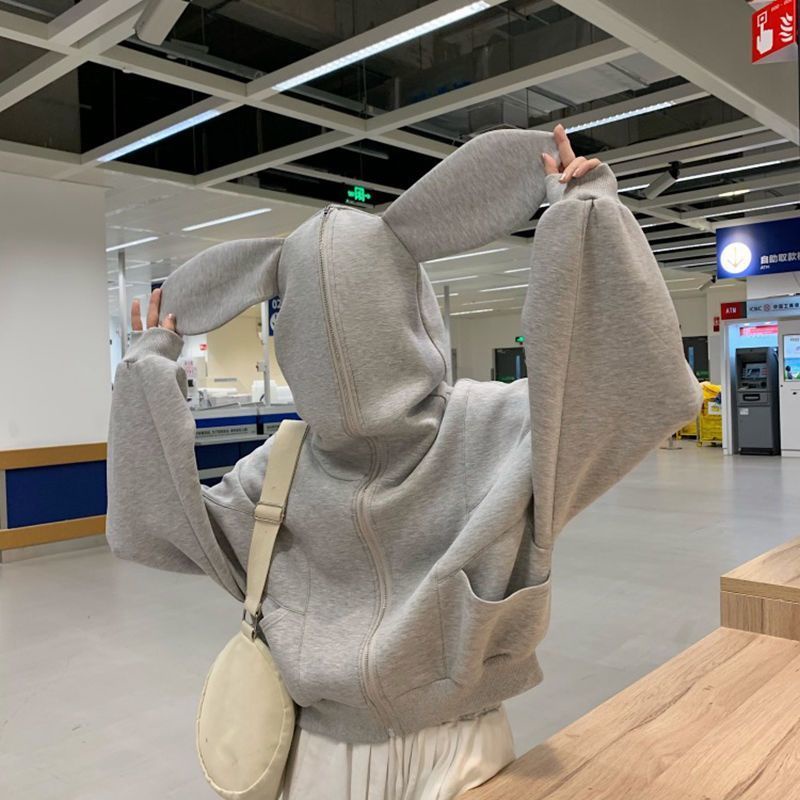 Áo Khoác Hoodie Dày Ngắn Có Khóa Kéo Thiết Kế Tai Thỏ Dễ Thương Phong Cách Preppy Thời Trang Thu Đông