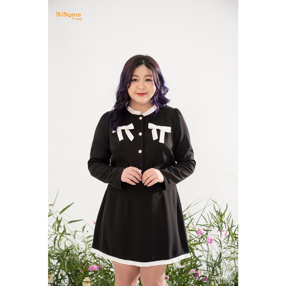 Set áo cổ dập ly 2 nơ ngực + Chân váy phối trắng BIGSIZE (55kg đến 95kg) - 22T1YBD38 - [BU Bigsize Young]