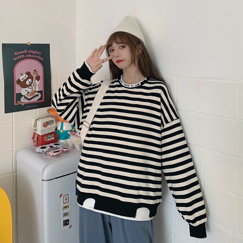SUXI Áo Nỉ Dài Tay Sọc Ngang Thời Trang Nữ