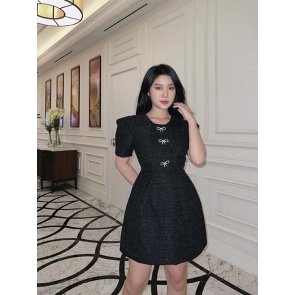 Đầm dạ tweed đính nơ đá