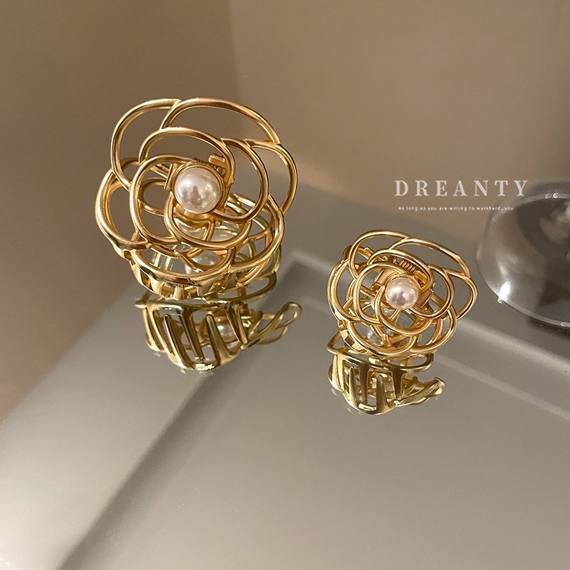 Kẹp Tóc Hình Cá Mập Đính Hoa Trà Và Ngọc Trai Giả Bằng Kim Loại Phong Cách Retro Thời Trang